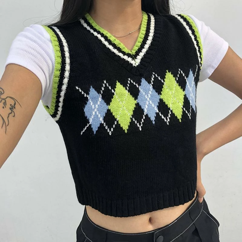 Kinky Cloth Top & Tees 90s Plaid Knitted Sweater Vest 1 Kinky Cloth Top & Tees 90s Plaid Knitted Sweater Vest