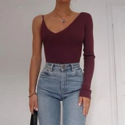 Kinky Cloth Asymmetrical V Neck Ribbed One Shoulder Top Top & Tees