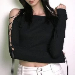 Kinky Cloth Bandage Arm Lace Up Ribbed Top