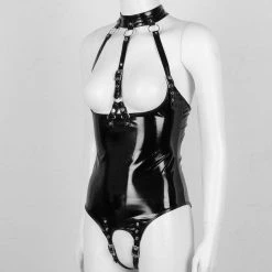 Kinky Cloth Sissy Bare Breast Latex Crotchless Bodysuit