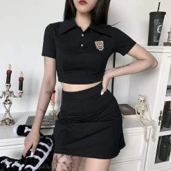 Kinky Cloth Bear Patchwork Crop Shirt & Skirt Goth