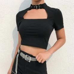 Kinky Cloth Black Buckle Gothic Crop Top