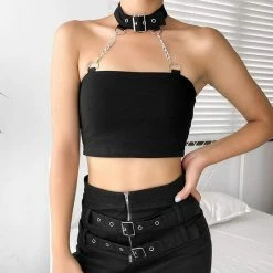 Kinky Cloth Black Gothic Halter Chain Crop Top