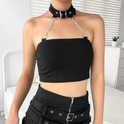 Kinky Cloth Black Gothic Halter Chain Crop Top