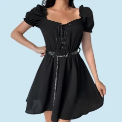 Kinky Cloth Black Gothic Lace Up Mini Dress