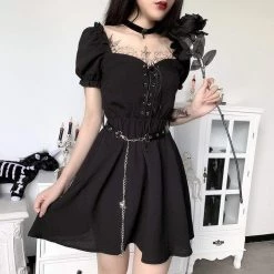 Kinky Cloth Black Gothic Lace Up Mini Dress