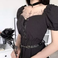 Kinky Cloth Black Gothic Lace Up Mini Dress