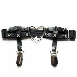 Kinky Cloth Black Heart Studded Double Clip Leg Garter Belt