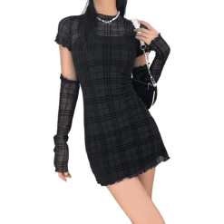 Kinky Cloth Dresses Black Mesh Plaid Dress