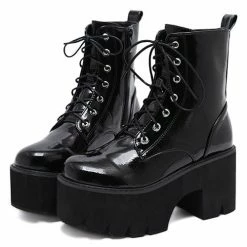 Kinky Cloth Black Patent Leather Chunky Boots Goth