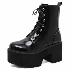 Kinky Cloth Black Patent Leather Chunky Boots Goth