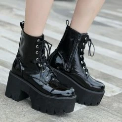 Kinky Cloth Black Patent Leather Chunky Boots Goth