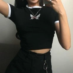 Kinky Cloth Black Ringer Crop Top Butterfly Print