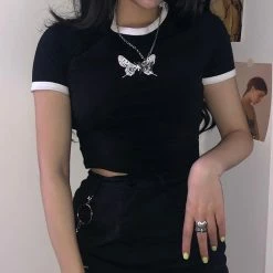 Kinky Cloth Black Ringer Crop Top Butterfly Print