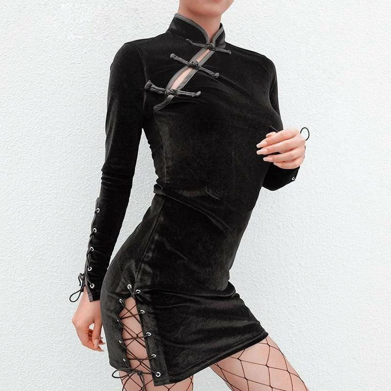 Kinky Cloth Punk Black Side Lace Up Cheongsam Bodycon 2 Kinky Cloth Punk Black Side Lace Up Cheongsam Bodycon