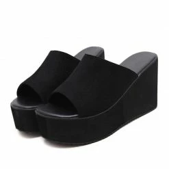 Kinky Cloth Footwear Black Slip On Platform Wedge