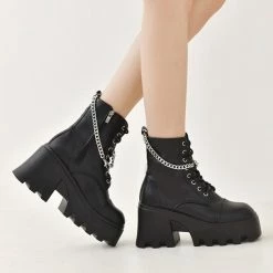 Kinky Cloth Goth Block Heel Platform Chain Boots