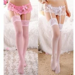 Kinky Cloth Bowknot Floral Lace Suspenders Stockings Lingerie & Panties
