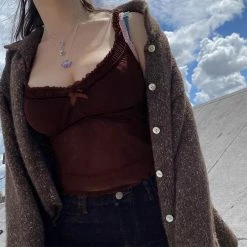 Kinky Cloth Brown V-Neck Mesh Camisole Top & Tees