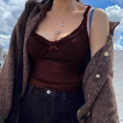 Kinky Cloth Brown V-Neck Mesh Camisole Top & Tees