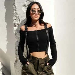 Kinky Cloth Buckle Strap Off Shoulder Top Punk