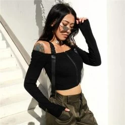 Kinky Cloth Buckle Strap Off Shoulder Top Punk