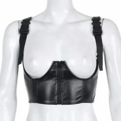 Kinky Cloth Goth Buckle Strap PU Leather Crop Top