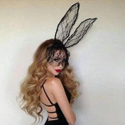 Kinky Cloth Bunny Ears Headband With Lace Eye Mask