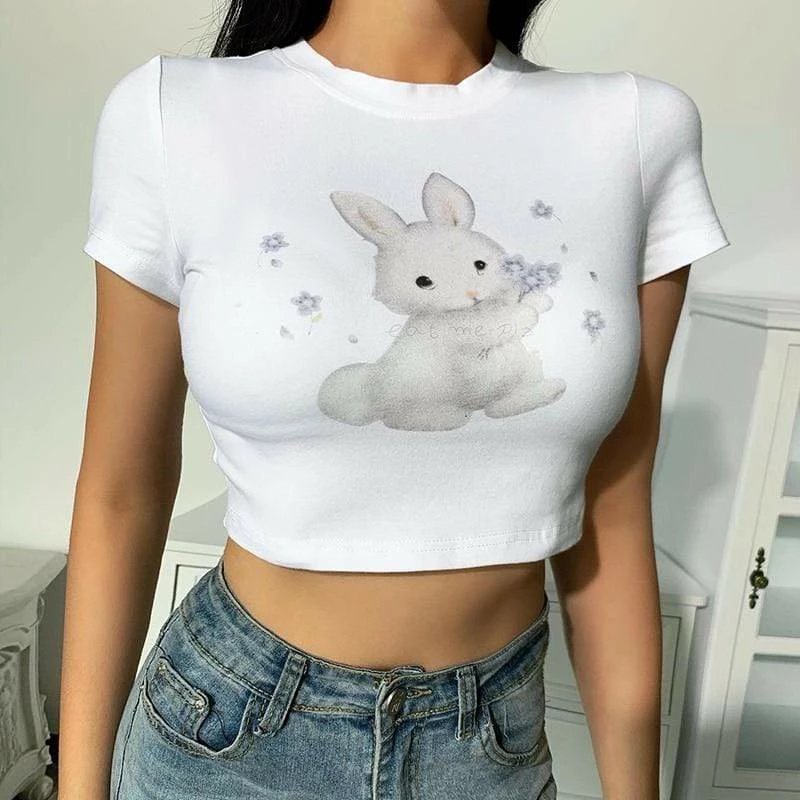Kinky Cloth Bunny Print White Crop T-Shirt Pet Play 2 Kinky Cloth Bunny Print White Crop T-Shirt Pet Play