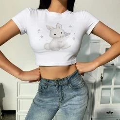 Kinky Cloth Bunny Print White Crop T-Shirt Pet Play 9 Kinky Cloth Bunny Print White Crop T-Shirt Pet Play