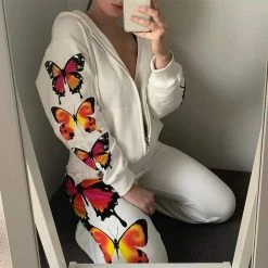 Kinky Cloth Butterfly Print Zipper Up Hoodies