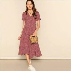 Kinky Cloth Button Front Floral Print V-Neck Dress Dresses