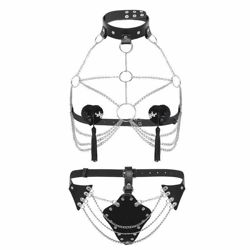 Kinky Cloth Goth Chain Collared Tassle Harness 1 Kinky Cloth Goth Chain Collared Tassle Harness