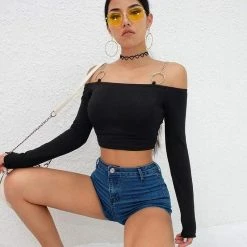 Kinky Cloth Top & Tees Chain Ring Long Sleeve Crop Top