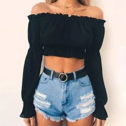 Kinky Cloth Chiffon Off Shoulder Crop Top