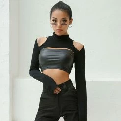 Kinky Cloth Cold Shoulder Stand Collar Mini Top Top & Tees