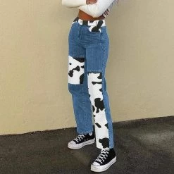 Kinky Cloth Cow Print Patched Jeans Plus Size
