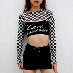 Kinky Cloth Cropped Long Sleeve Checkerboard T-Shirt