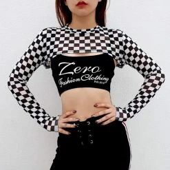 Kinky Cloth Cropped Long Sleeve Checkerboard T-Shirt