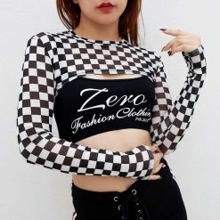 Kinky Cloth Cropped Long Sleeve Checkerboard T-Shirt
