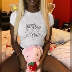 Kinky Cloth Cupid Angel Print White Crop T-Shirt Top & Tees