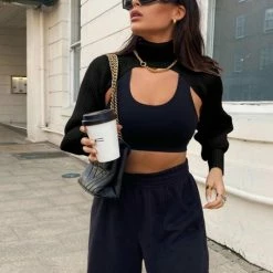 Kinky Cloth Cutout Turtleneck Super Cropped Sweater