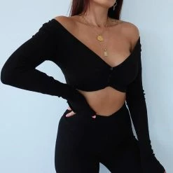 Kinky Cloth Top & Tees Deep V Neck Long Sleeve Crop Top