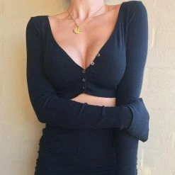 Kinky Cloth Top & Tees Deep V Neck Long Sleeve Crop Top