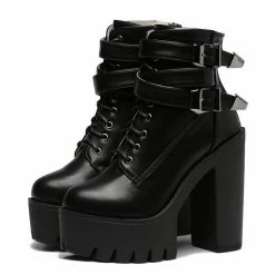Kinky Cloth Footwear Double Buckle High Heel Platform Boots