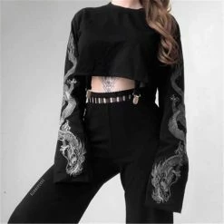 Kinky Cloth Goth Dragon Print Flare Sleeve Crop Top