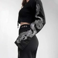 Kinky Cloth Goth Dragon Print Flare Sleeve Crop Top