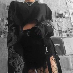 Kinky Cloth Goth Dragon Print Flare Sleeve Crop Top