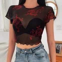 Kinky Cloth Dragon Print Mesh Transparent Crop Top Top & Tees