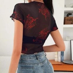 Kinky Cloth Dragon Print Mesh Transparent Crop Top Top & Tees